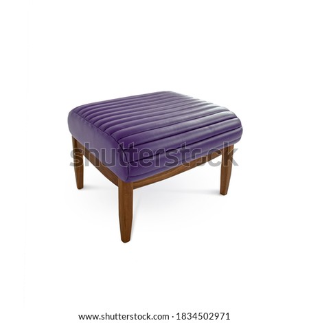Purple leather padded stool with wooden legs isolated on white background. Series of furniture