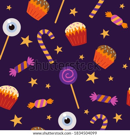 Halloween seamless pattern with sweets and candies. Vector