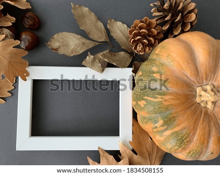 Celebration autumn Thanksgiving composition mock up with white photo frame, pumpkin, leaves and pine cones.  Flat lay top view with blank space