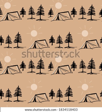 Vector camping. Seamless background with tents, fir trees, the setting sun.