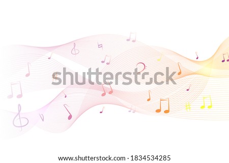 Shiny abstract waves with musical notes. Music colorful musical note theme - rainbow swirl wave line. Music theme - rainbow notes on a light background. Vector illustration