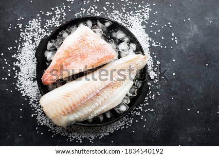 Fillet of white sea cold-water fish cod in ice cubes on a dark background. Top view.