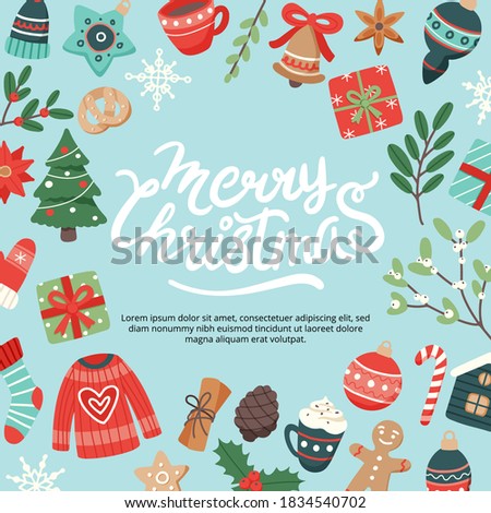 Christmas banner with lettering and cute seasonal elements, vector illustration in flat style