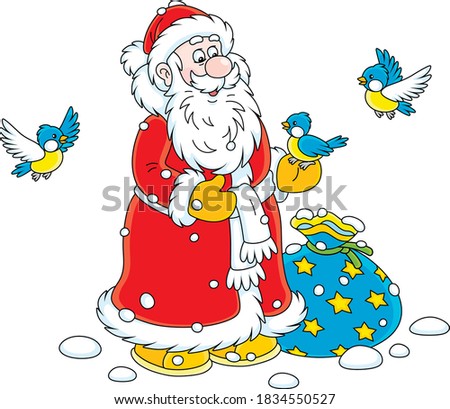 Santa Claus with his Christmas gift bag, smiling and playing with little cheerful birds flying around him, vector cartoon illustration on a white background