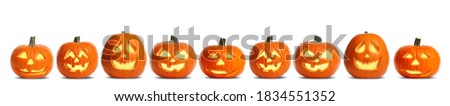 Set of carved Halloween pumpkins on white background. Banner design