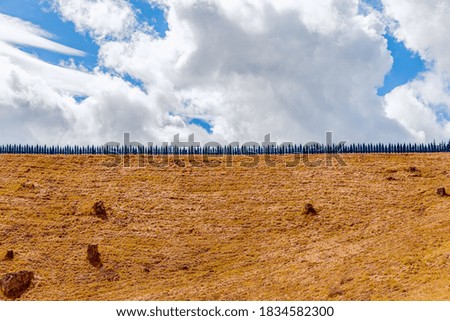 Landscape panorama of an autumn field and a beautiful blue sky with cumulus clouds