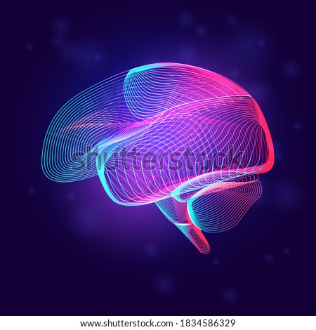 Human brain medical structure. Outline vector illustration of body part organ anatomy in 3d line art style on neon abstract background