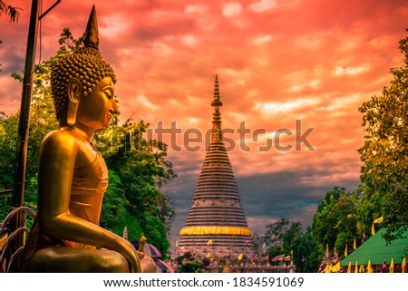 Blurred abstract background of colorful twilight lights around Buddha images or major religious attractions in Hat Yai District in Thailand