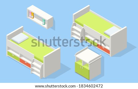 Isometric wooden bed and wardrobe isolated on white. Icons of wooden furniture. Teenage bedroom. Bedroom interior for two children.