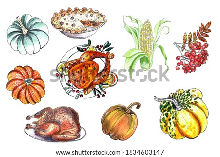 Set of watercolored hand drawn clip-arts. Thanksgiving autumn materials. Pumpkin, fried turkey, harvest. Traditional dishes and sweet pie. Corn and rowanberry branch. Vintage illustration