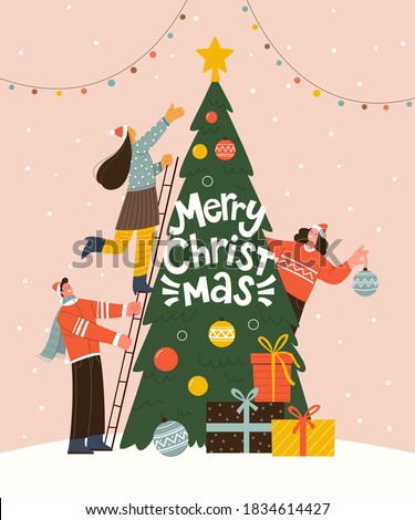 Merry Christmas greeting card. Vector illustration in trendy flat style of three people decorating Christmas tree
