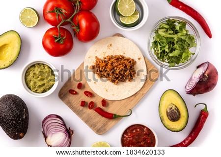 Mexican tacos ingredients isolated on white background