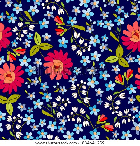 Seamless floral pattern folk style, red  peonies, white bells, bluish wildflowers on a dark blue background, for your project, for cover, for fabric, for wrapping paper, for printing