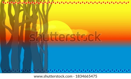 Romantic abstract landscape. Sunset with translucent trees, clouds and hearts. EPS10