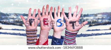 Children Hands Building Word Fest Means Celebration, Snowy Winter Background