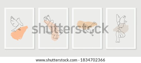 Birds wall art vector set. Earth tones animal line arts backgrounds with freedom and life concept.  Abstract Arts design for print, cover, wallpaper, Minimal and  natural wall art.