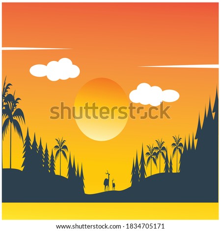 landscape illustration of deer in evening forest with colorful vector design background