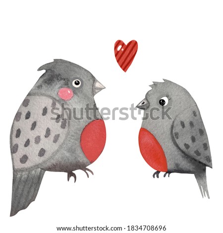 Bullfinch watercolor nursery baby character illustration on white isolated background. Winter hand painted art winter clip art with heart for valentine's day, invitations, postcard, poster.