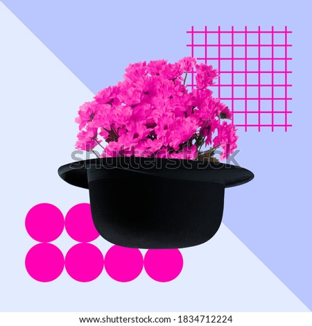 Contemporary art collage. Black hat with bunch of pink, crimson chrysanthemums on modern illustrated background. Concept of creative work, different emotions, new look at objects.