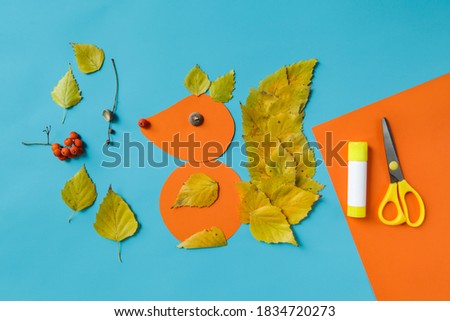 dry leaves applique art autumn. autumn application  from natural materials "squirrell". Children's art project. DIY concept. Step-by-step photo instruction.