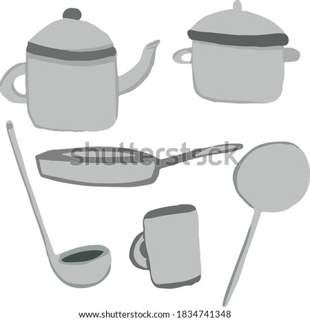 Cookware set pan with lid, ladle, frying pan, kettle, mug, saucepan and spatula in cartoon style. Vector illustration