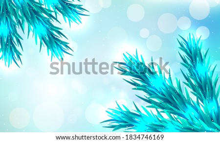 Christmas blue bokeh background with christmas tree branches and snowflakes, vector art illustration.