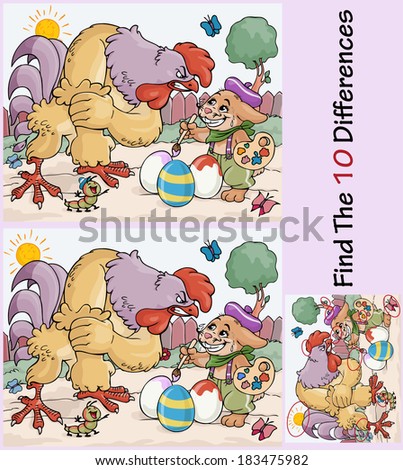 Vector illustration, rooster is catching the Easter rabbit painting eggs, find the differences between images, cartoon concept.