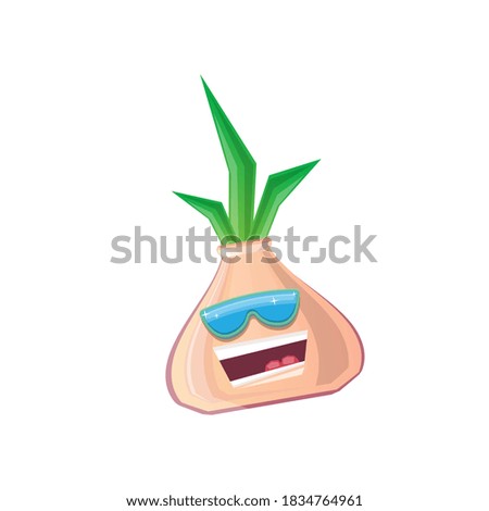 vector funny cartoon onion character with sunglasses isolated on white background. funky smiling autumn vegetable character 