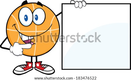 Happy Basketball Cartoon Character Showing A Blank Sign. Vector Illustration Isolated on white