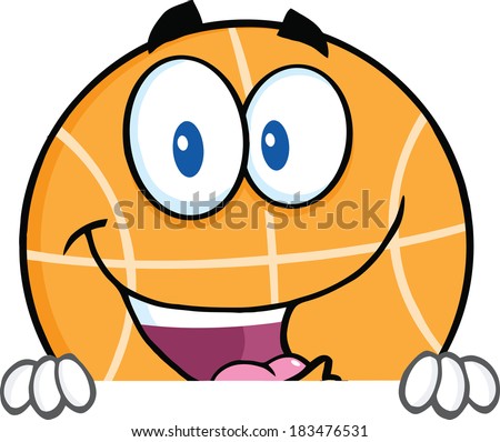 Happy Basketball Cartoon Character Over Blank Sign. Vector Illustration Isolated on white