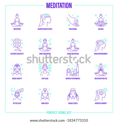 Meditation set: girl in lotus pose, neurofeedback device, gyan mudra, balance, reduce stress, guided meditation, breathing practice, mind focus, concentration. Thin line icons. Vector illustration.