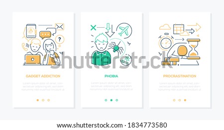 Human psychological problems line design style web banners with copy space for text. Phobia, procrastination, gadget addiction issues linear illustrations. Mental health, psychology and behavior idea