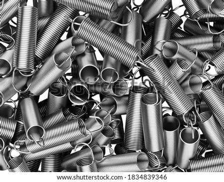 Background of compression spring on white background. Close up of a spring coil on white background. Metal stainless spring spare parts for industry.
