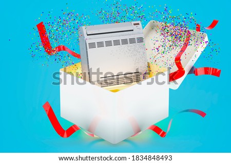 Air Conditioner, Floor Standing Unit inside gift box, 3D rendering on blue background
