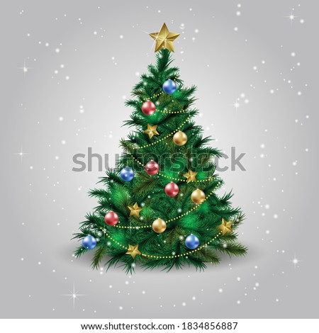 Christmas tree with Xmas star, balls and lights. Sketch for greeting card with text, festive poster or party invitations.
