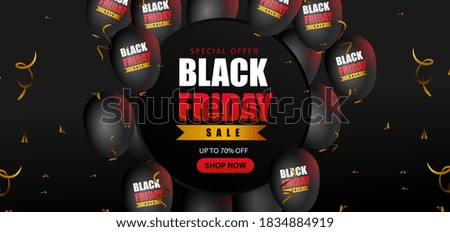 Black friday sale with rounded shape, balloons and confetti background for promotional business
