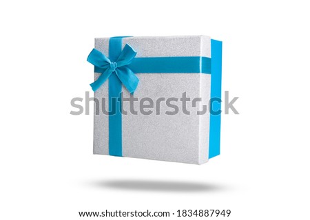  gift box with shiny silver lid and blue ribbon with a bow. isolated on white background