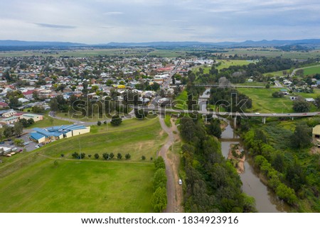 Aerial view of the township of Singleton in the Hunter Valley in regional New South Wales in Australia Royalty-Free Stock Photo #1834923916