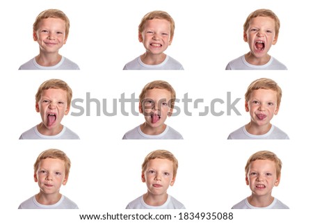Speech therapy concept. Little boy doing exercises for correct pronunciation. Isolation on a white background. Image set. High quality photo Royalty-Free Stock Photo #1834935088