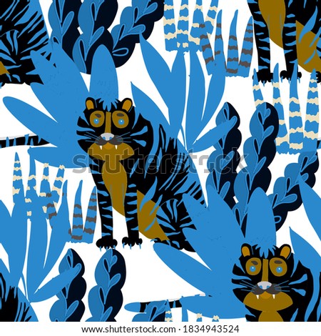 Creative seamless pattern with  tiger in tropical forest. Bright summer print for any purposes. Trendy style.