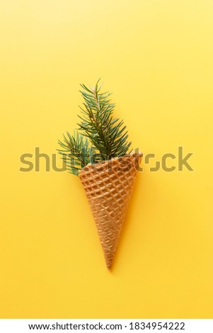 Ice cream cone. New Year concept. Christmas tree branch in a waffle cone.