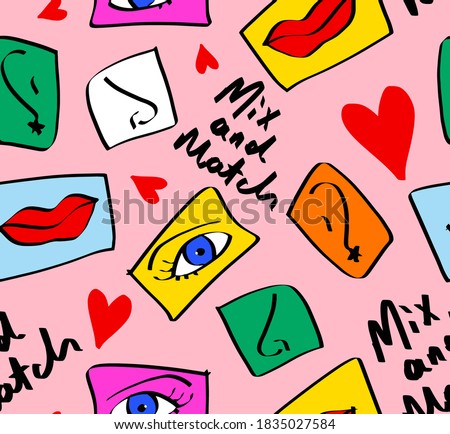 Abstract Hand Drawing Geometric Puzzle Mix and Match Concept Eyes Lips Ears Noses and Hearts Repeating Vector Pattern Isolated Background Royalty-Free Stock Photo #1835027584