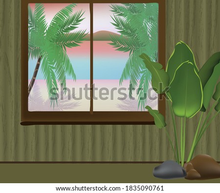 illustration of a view from the window to a tropical beach, palms, ocean, wooden walls, banana palm tree between stones