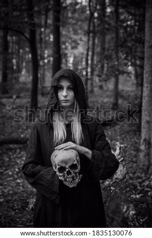Mystical scene at forest, gothic woman, magical look, Halloween ideas, costume