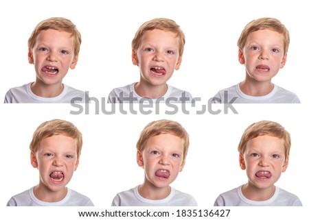 Speech therapy concept. Little boy doing exercises for correct pronunciation. Isolation on a white background. Image set. High quality photo Royalty-Free Stock Photo #1835136427