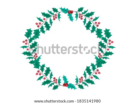 Watercolor Christmas holly wreath with red berries isolated on white