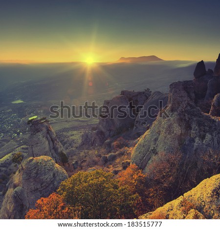 Vintage picture. Majestic sunset in the mountains landscape. Ghost valley, Crimea, Ukraine. 