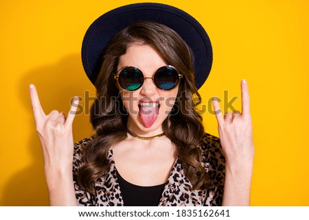 Close up photo of cool crazy girl enjoy rejoice party weekend make, horned symbol show thumbup wear good look clothes isolated over bright shine color background