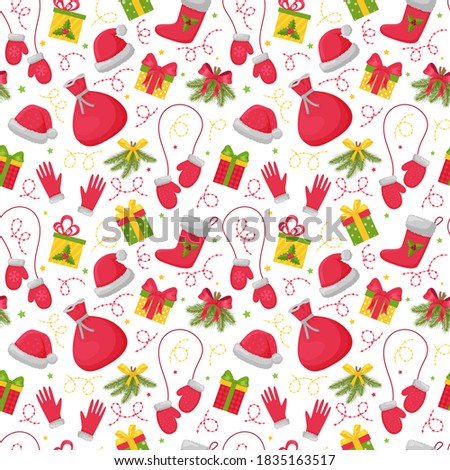 Seamless pattern with bright Christmas elements on a white background. Great for wrapping paper, gift boxes. Flat objects are isolated and hidden under a mask. Easy to edit. Vector illustration.