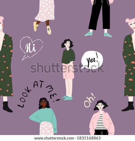 Seamless pattern and hand drawn texture. Pretty girls posing in different poses. Flat illustration. Design for poster, card, invitation, placard, brochure, flyer, web.